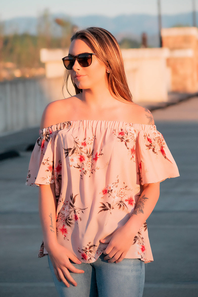 Pink floral off the shoulder top deals