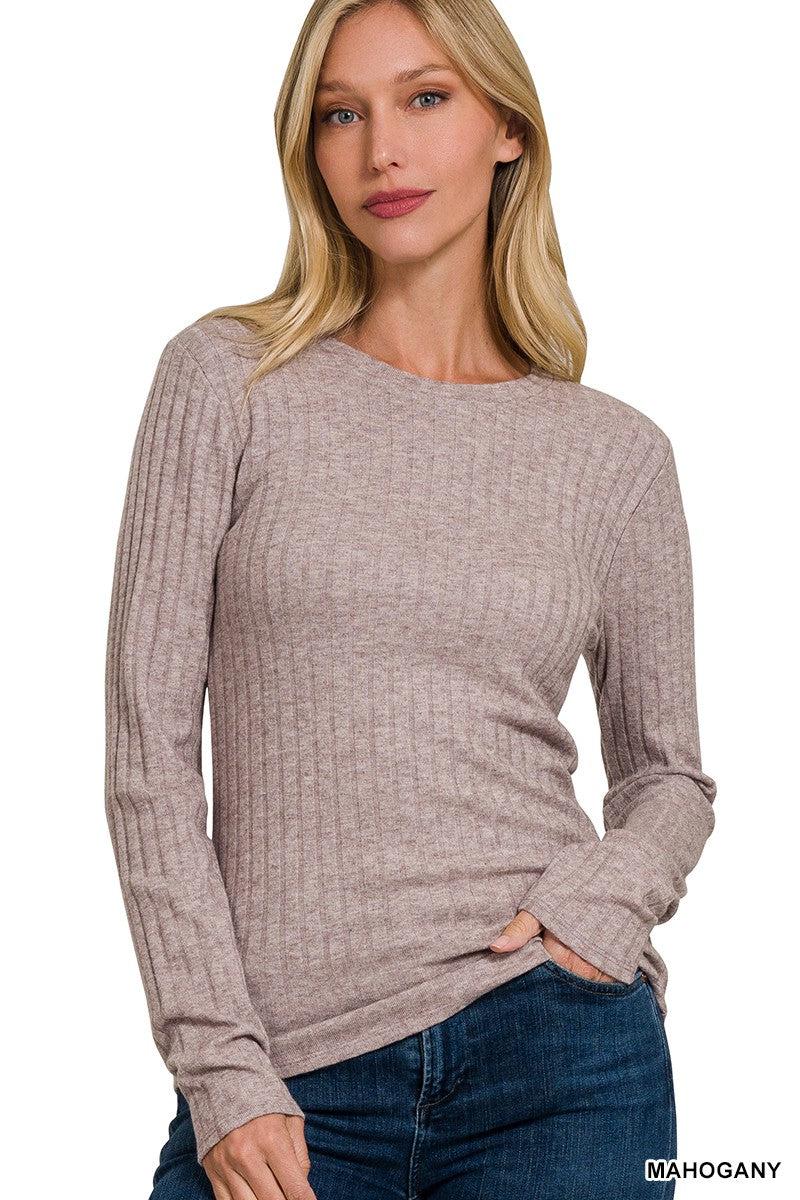 Ribbed Long Sleeve Round Neck Top- Mahogany