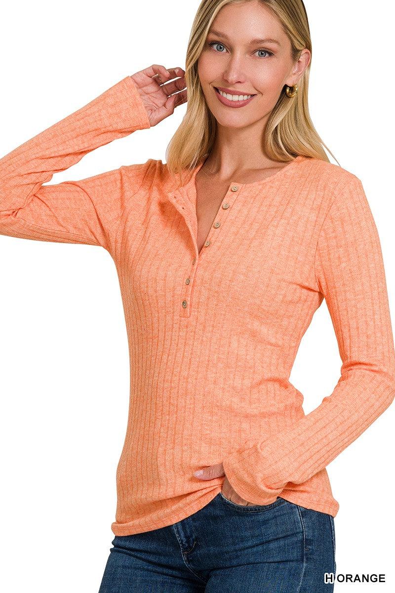 Ribbed Long Sleeve Button down Top- H.Orange