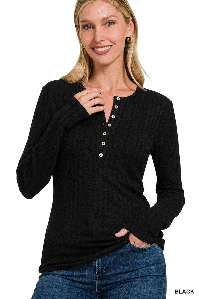 Ribbed Long Sleeve Button down Top- Black