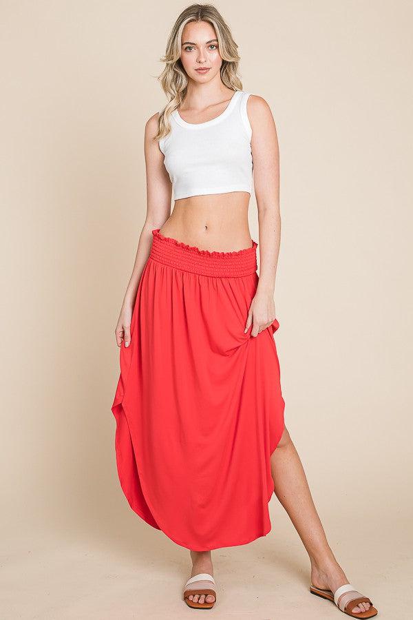 Smocking Waist Deep Side Slit Maxi Skirt- Apple Red