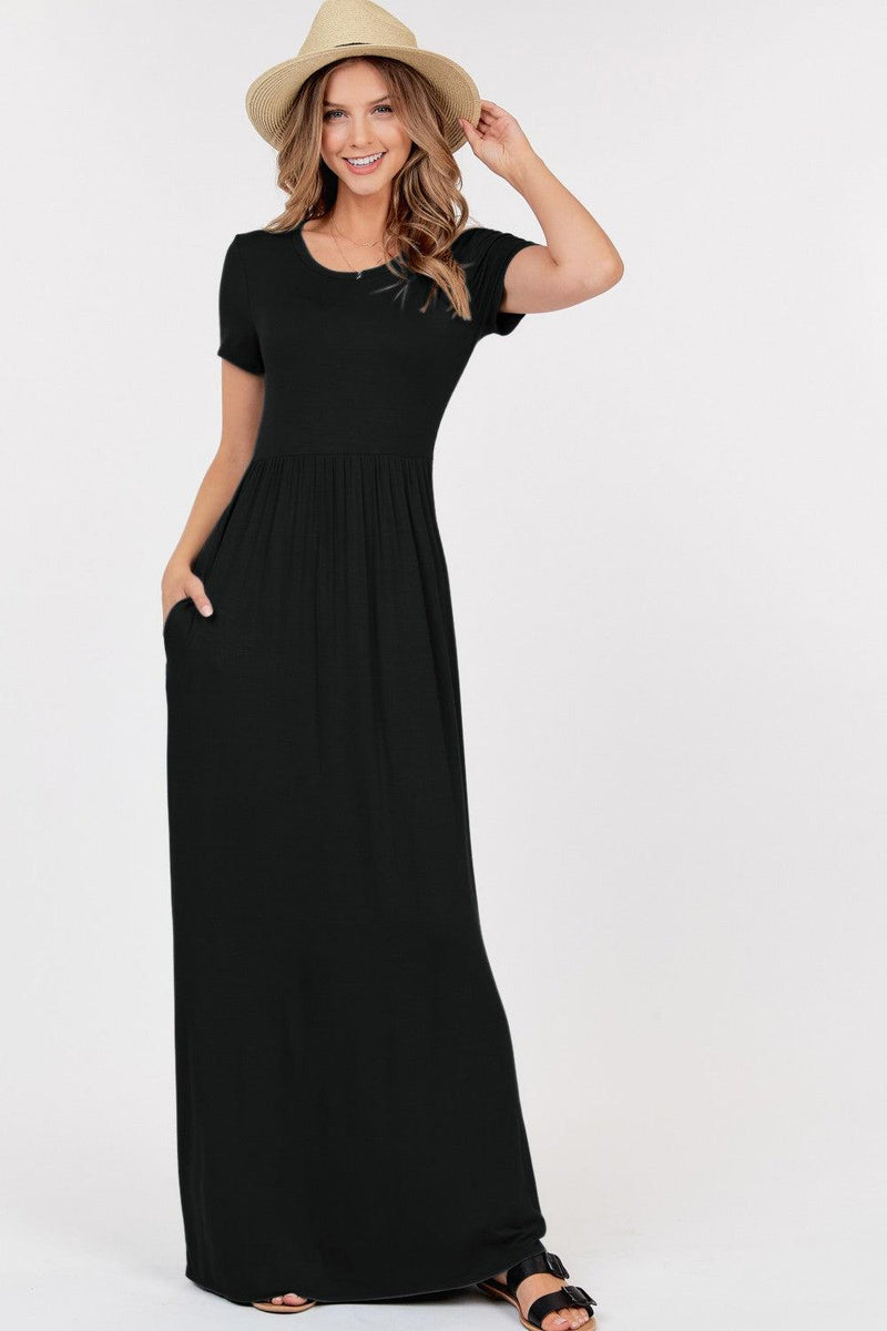 Short Sleeve Maxi Dress W Empire Waist And Pockets-Black