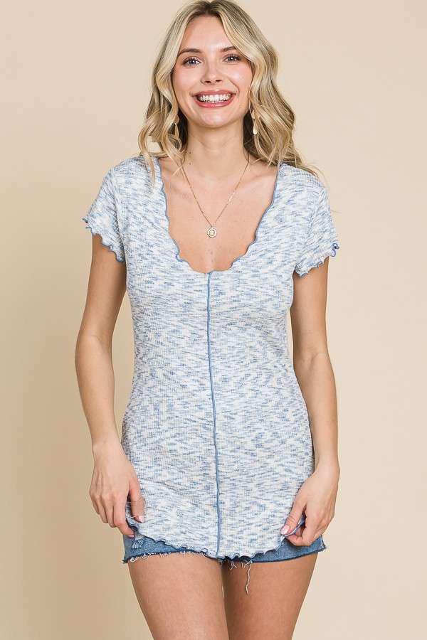 V Neck Cap Sleeve Top- Blue