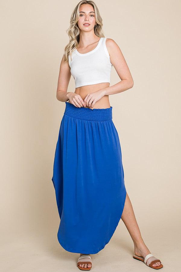 Smocking Waist Deep Side Slit Maxi Skirt- Cobalt Blue