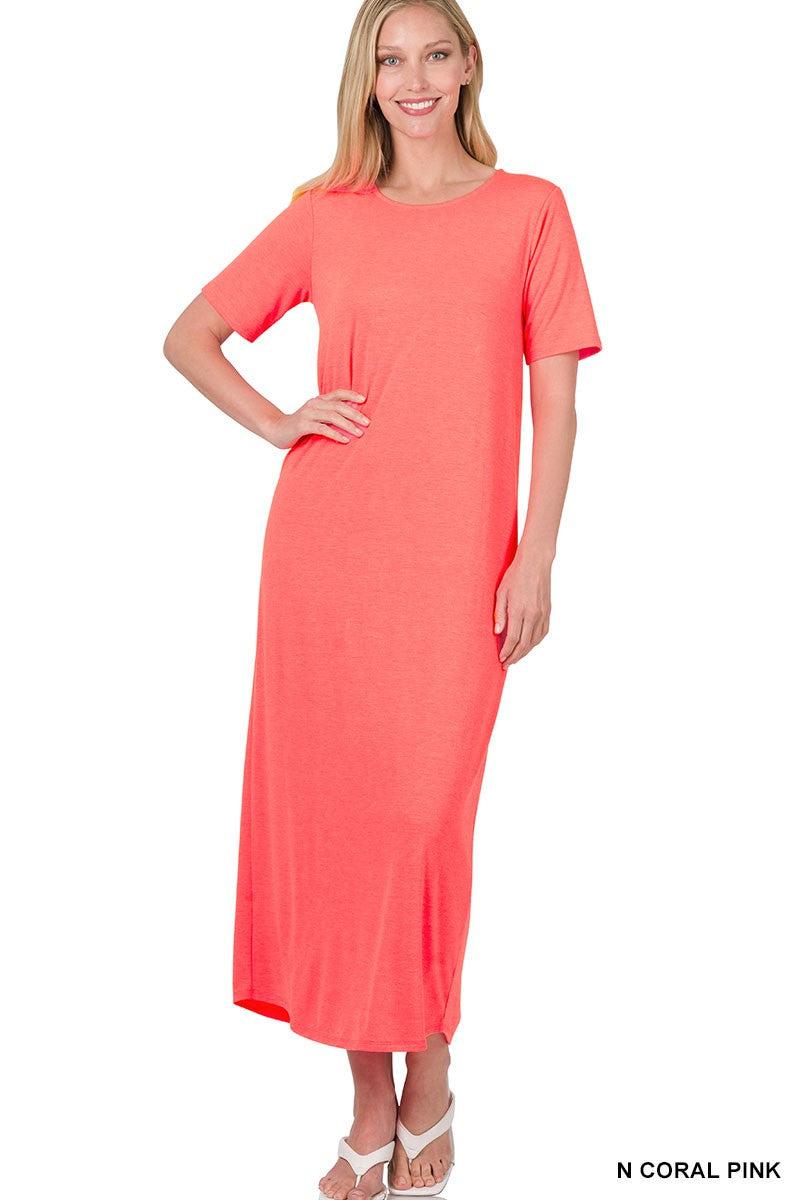 Short Sleeve Round Neck Maxi - Coral