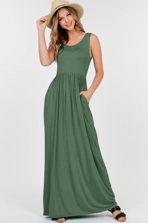 Sleeveless Maxi Dress With Empire Waist- Dusty Green