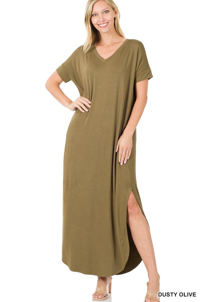 Short Sleeve Maxi Dress- Dusty Olive