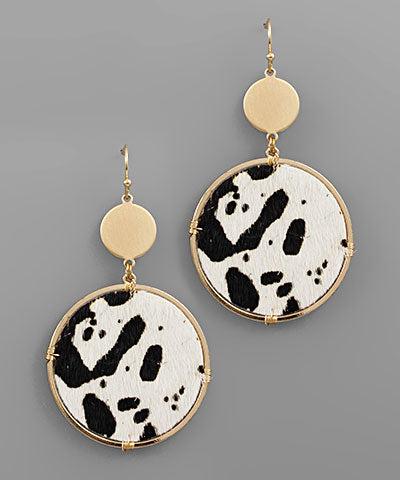 Round Black Cow print/Gold accent Earrings