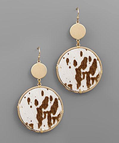 Round Brown Cow print/Gold accent Earrings