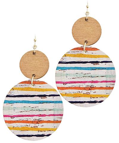 Boho Striped Print Round Earrings- white