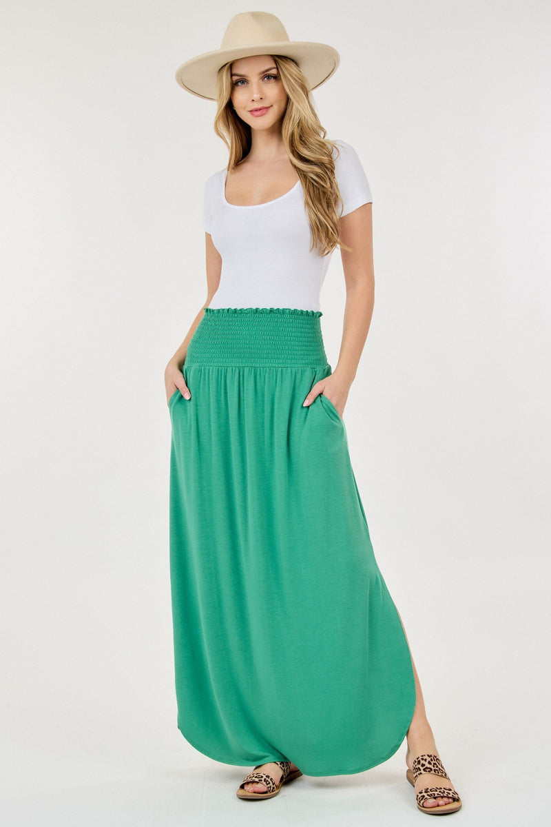 Smocked Waist Side Slit Maxi Skirt with Pockets-Kelly Green