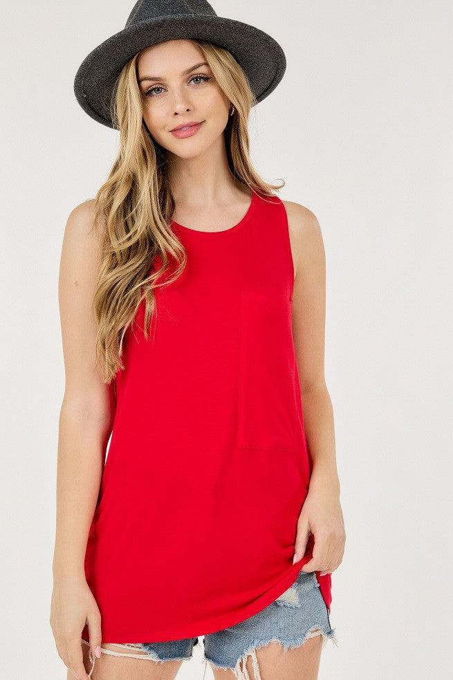 Casual Round Neck Tank with Pocket- Red