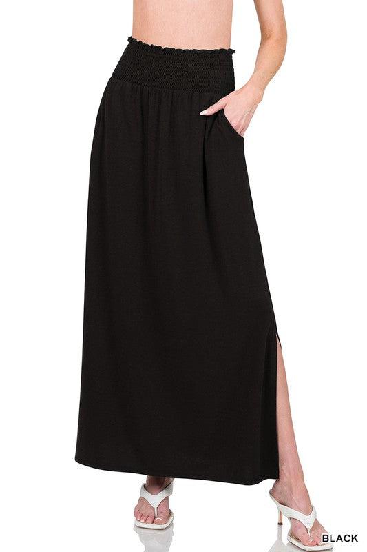 SMOCKED WAIST SIDE SLIT MAXI SKIRT WITH POCKETS- Black
