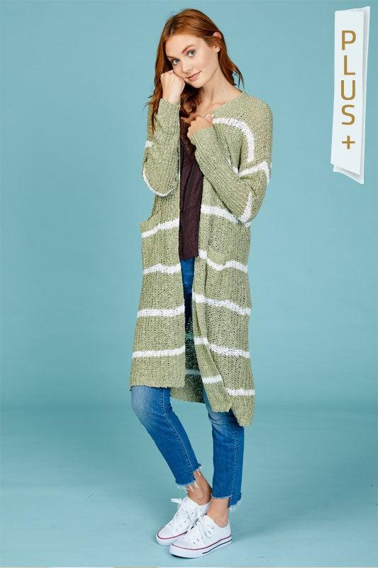 Curvy Striped Cardigan- Moss - 512 Boutique