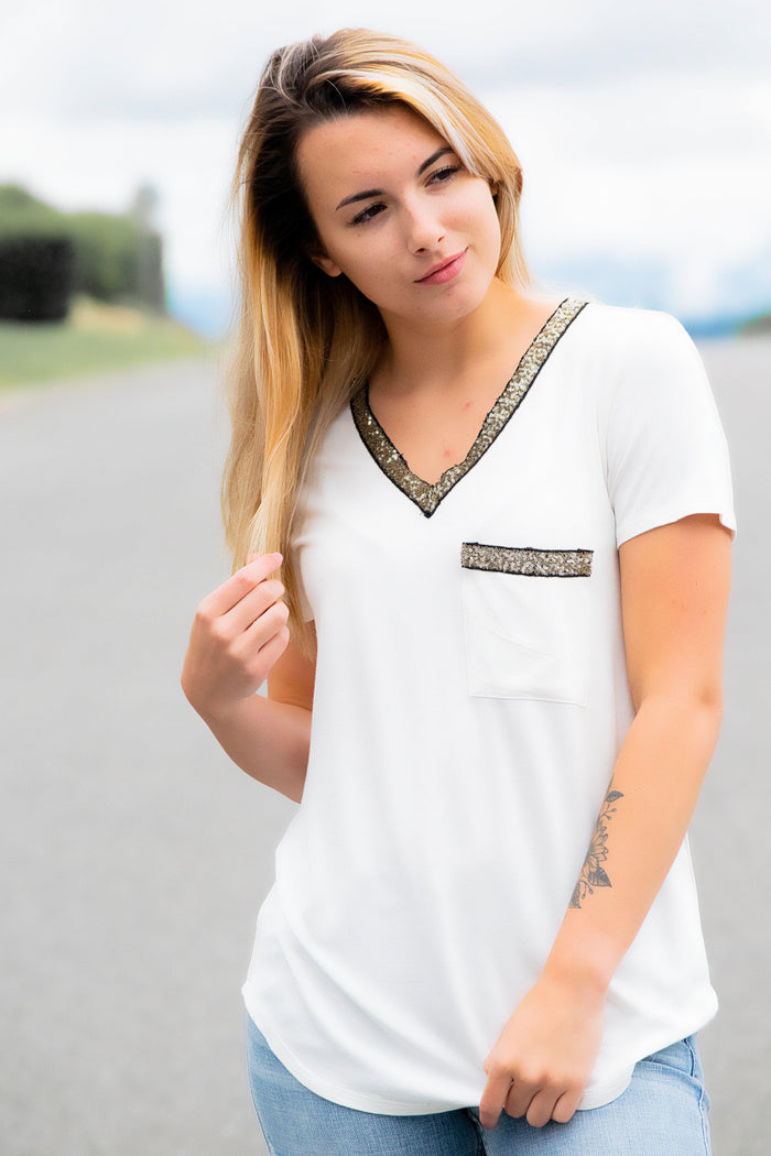 Glitter Pocket Top- Ivory - 512 Boutique