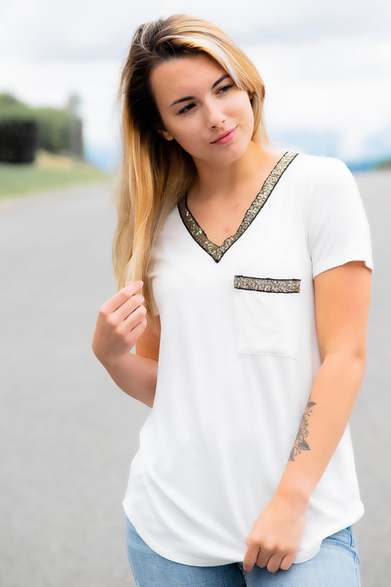 Glitter Pocket Top- Ivory - 512 Boutique