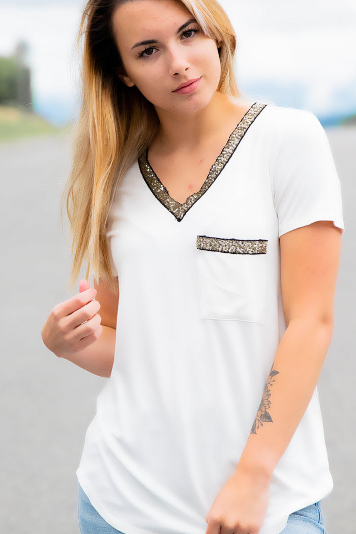 Glitter Pocket Top- Ivory - 512 Boutique