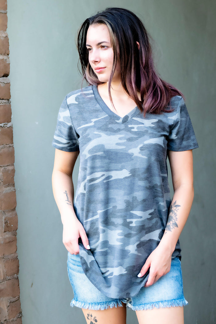 V Neck Camo Shirt - 512 Boutique