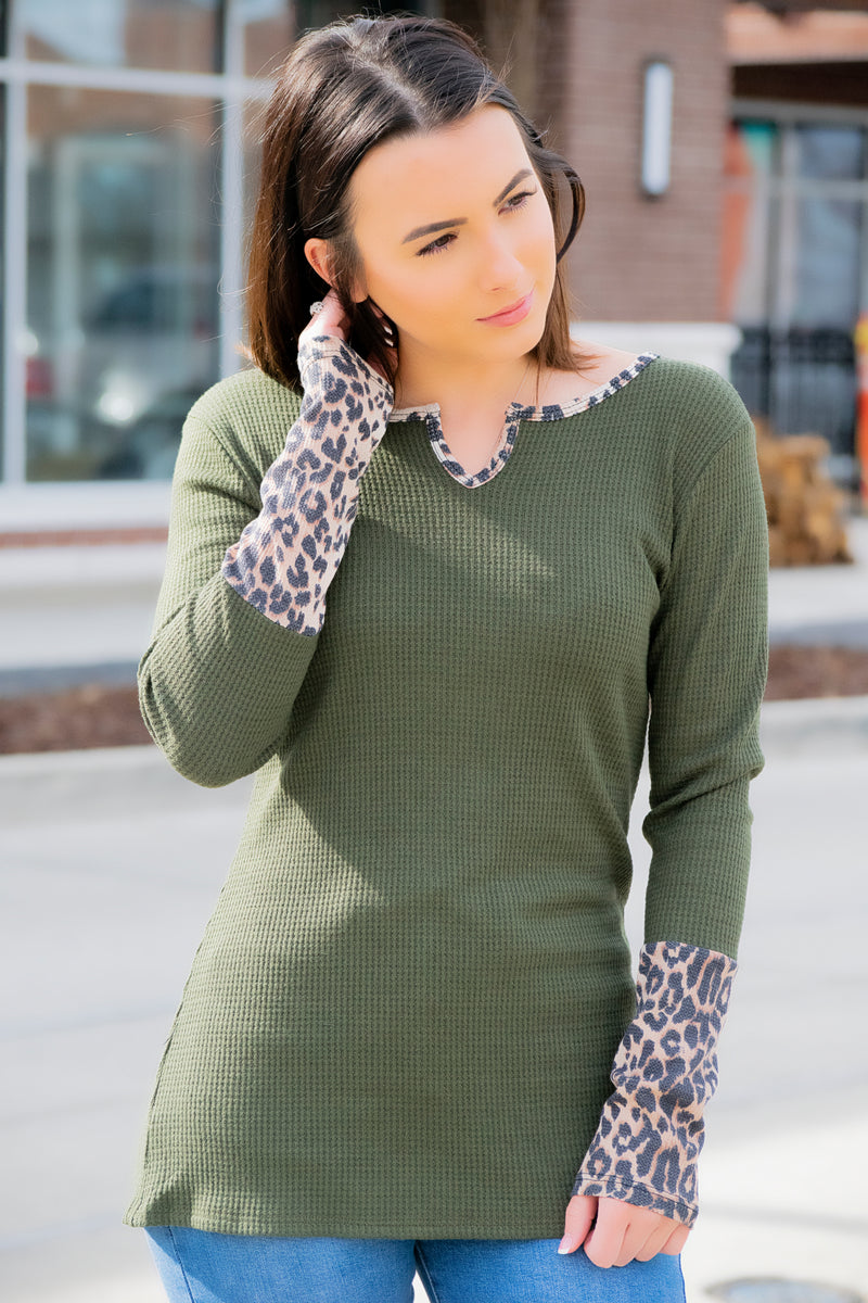 Leopard Trim Top- Olive - 512 Boutique