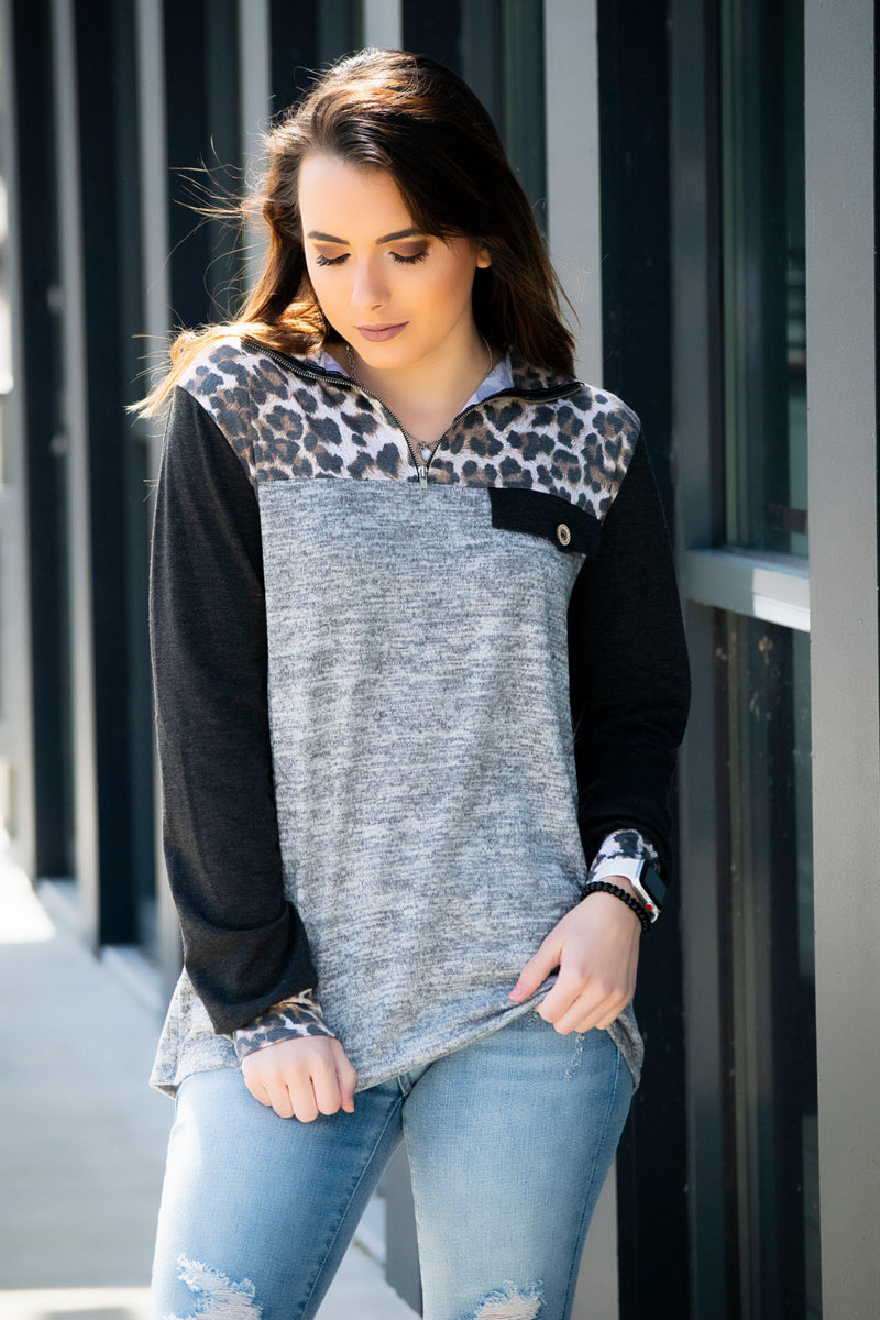 Gray/Leopard pullover - 512 Boutique