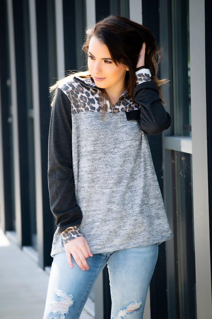 Gray/Leopard pullover - 512 Boutique