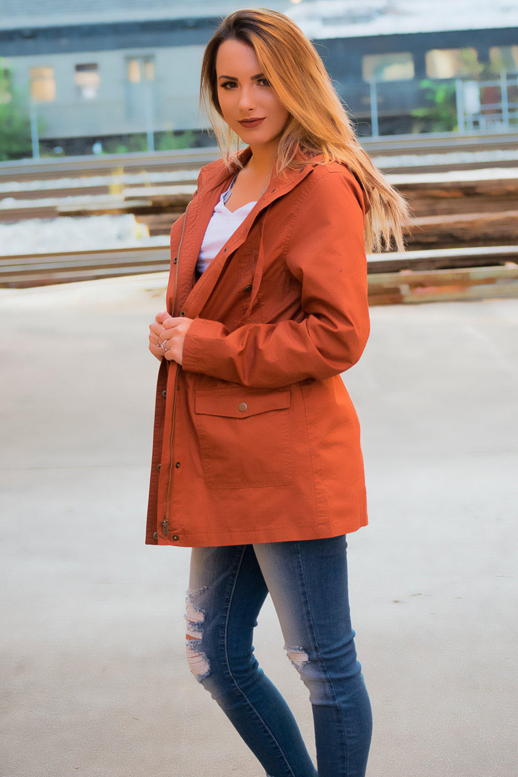 Flannel Lined Hood Utility Jacket - Rust - 512 Boutique
