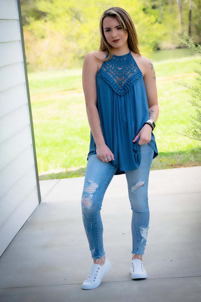 Crochet Lace Tank- Slate Blue - 512 Boutique