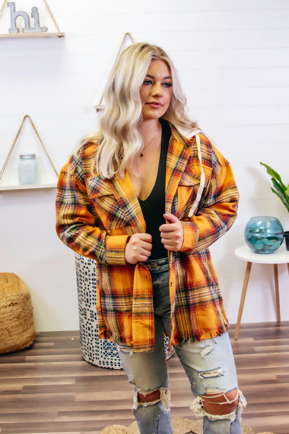 Plaid Button Down hooded Jacket - orange