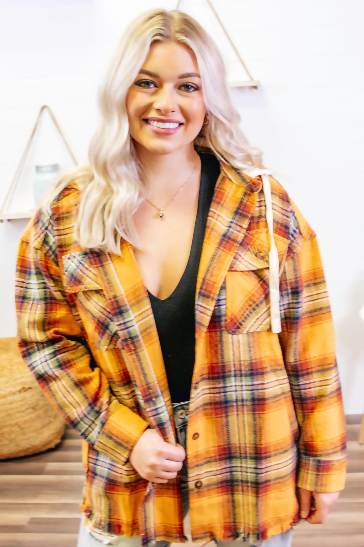 Plaid Button Down hooded Jacket - orange