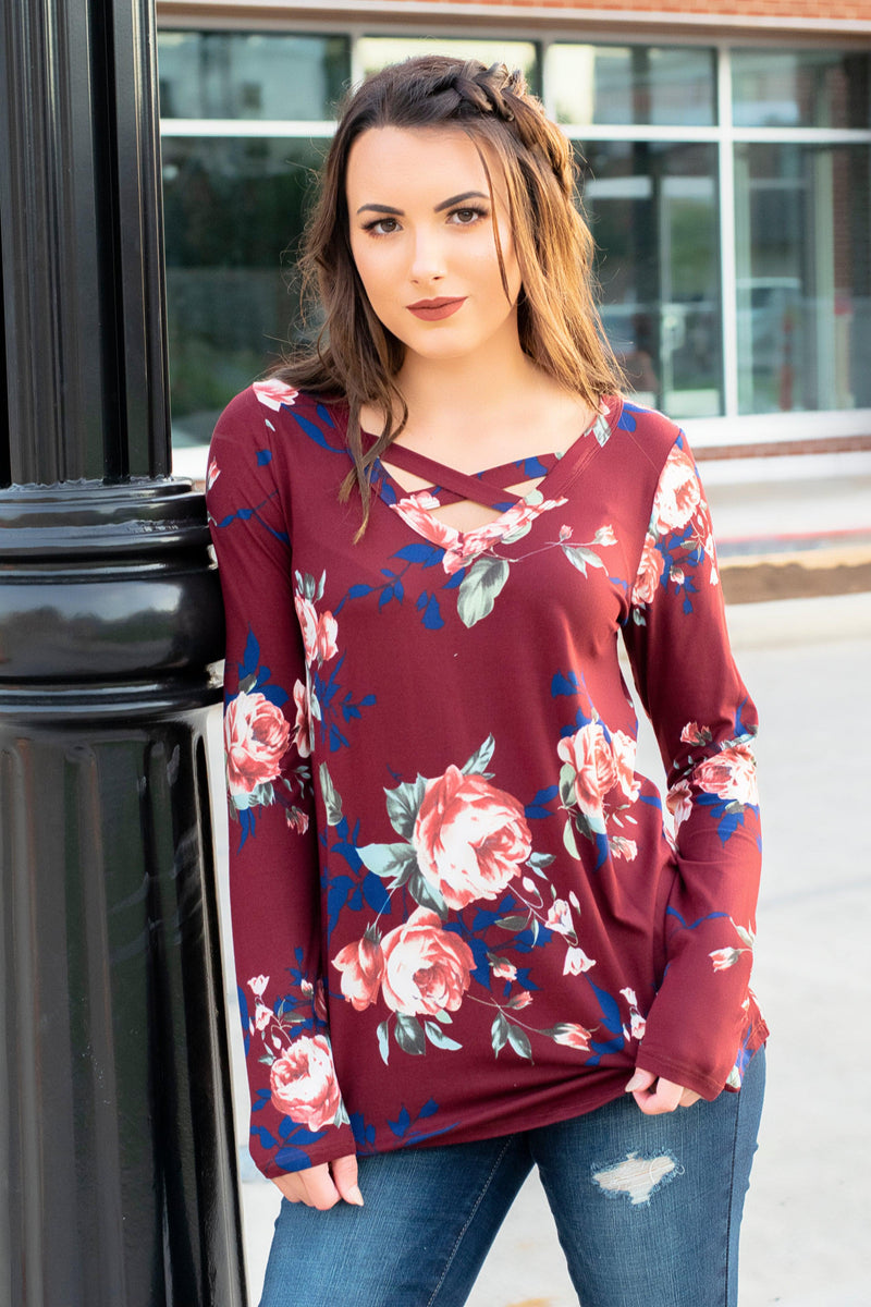 Lizzie Long Sleeve Floral Top- Burgundy - 512 Boutique