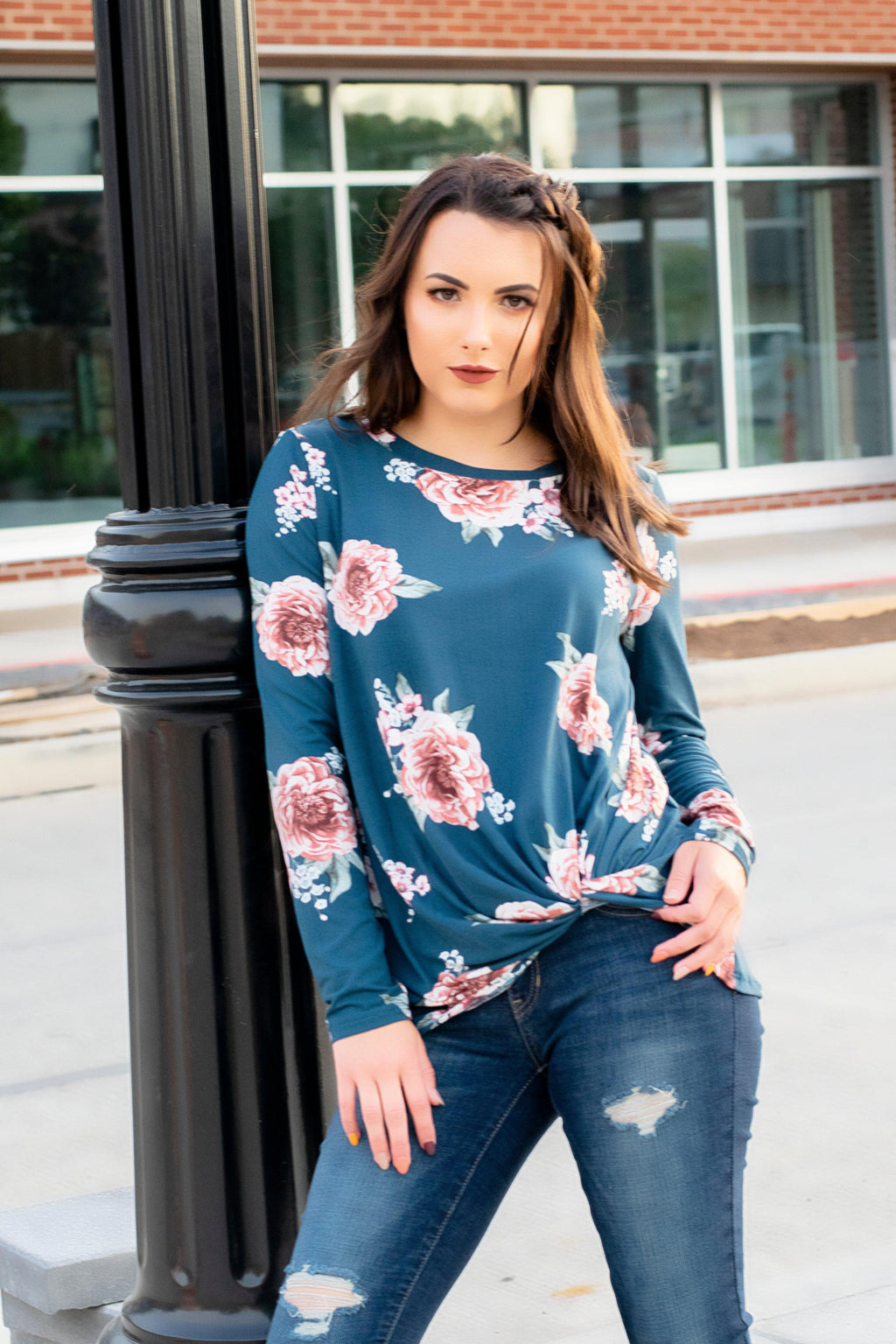 Stormy Long Sleeve Floral Top- Teal - 512 Boutique