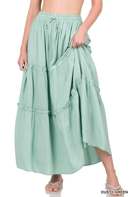 The Anna Drawstring Waist Tiered Maxi Skirt- Dusty Green