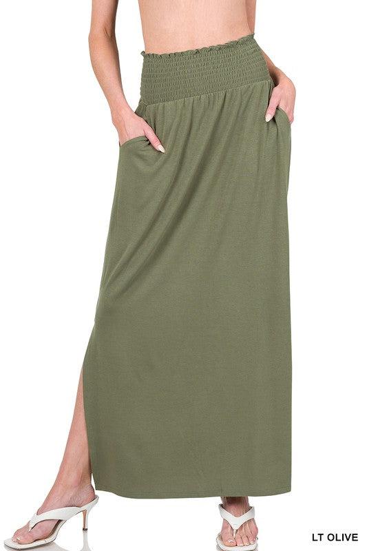 SMOCKED WAIST SIDE SLIT MAXI SKIRT WITH POCKETS- LT. Olive