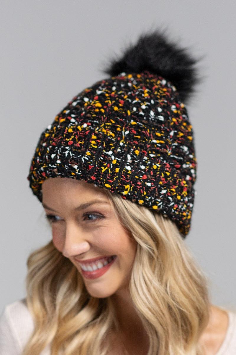 Black Confetti Beanie with Pom