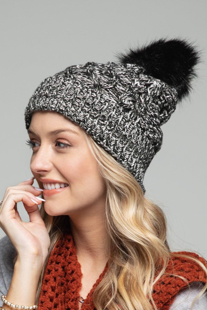Black Multicolor Knit Beanie with Pom