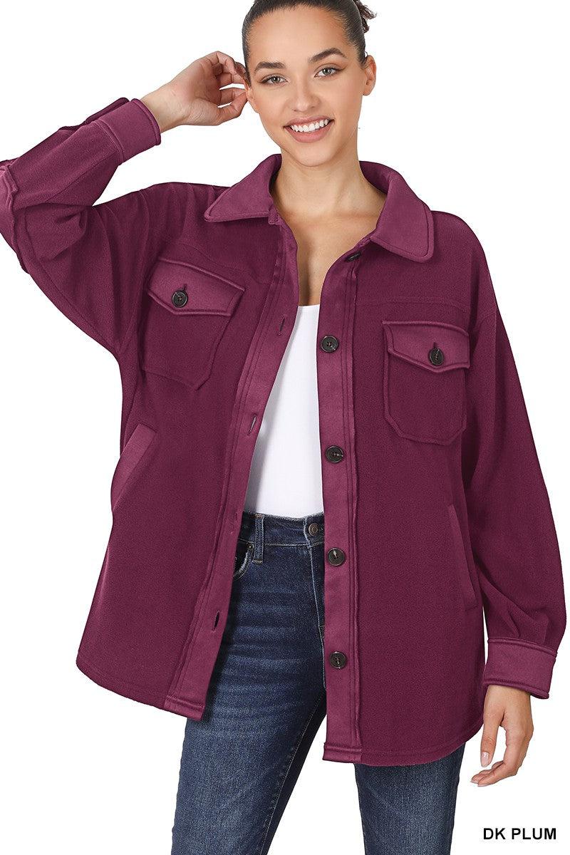 Elbow Patch Fleece Shacket- Dark Plum