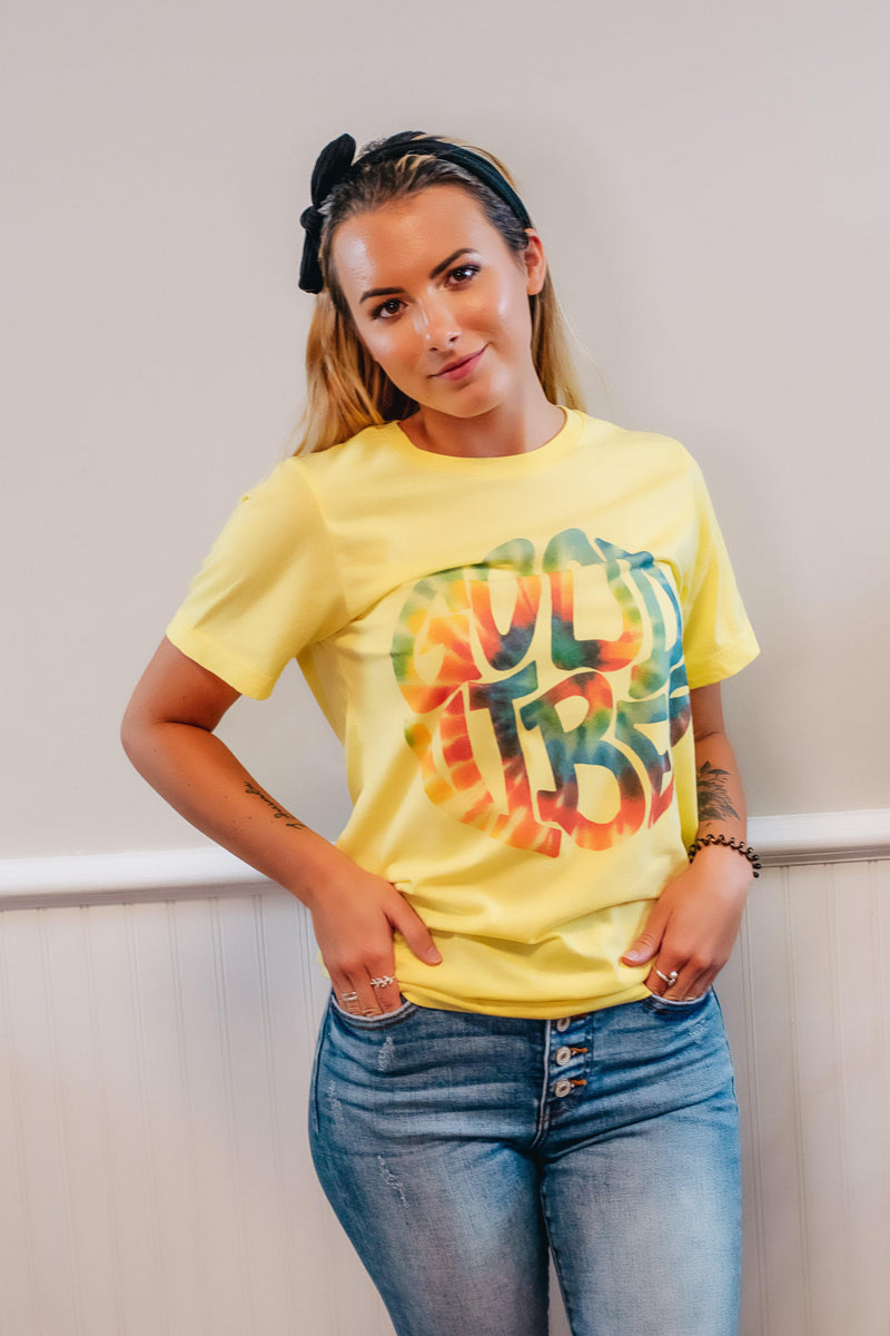 Good Vibes Graphic Tee- Yellow - 512 Boutique