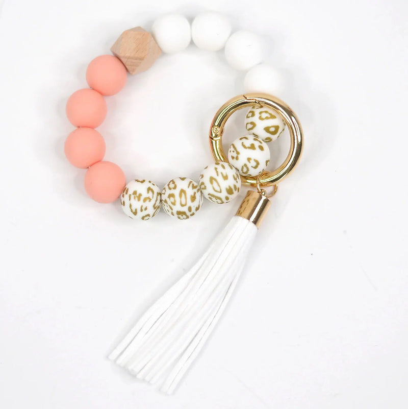 Peach and Gold Leopard Silicone Beaded Keychain Keyring