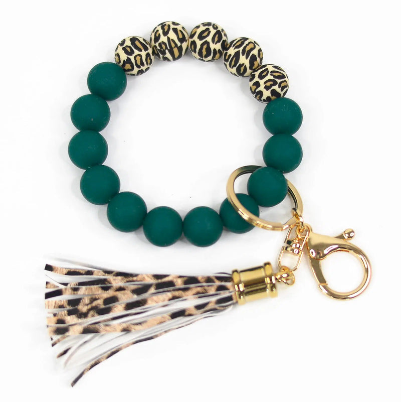 Emerald and Leopard Silicone Beaded Keychain Keyring
