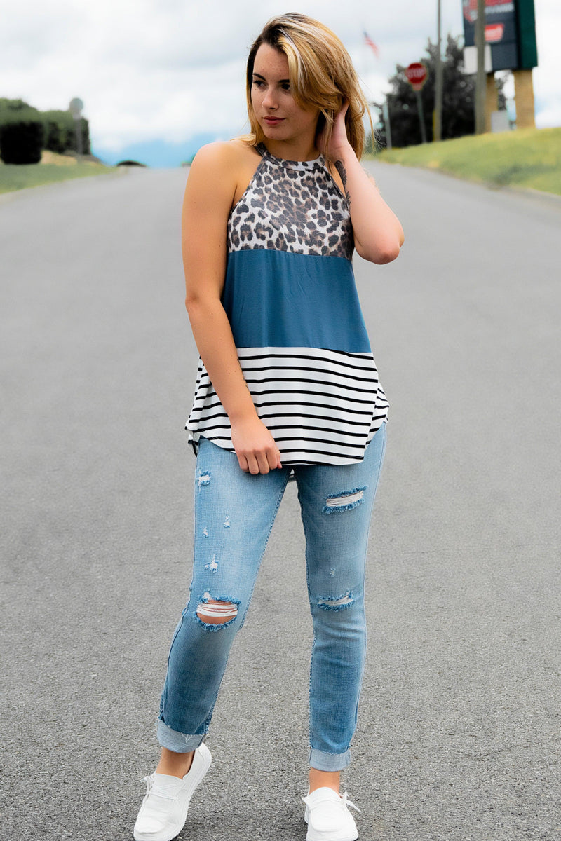 Teal + Animal Print Top - 512 Boutique