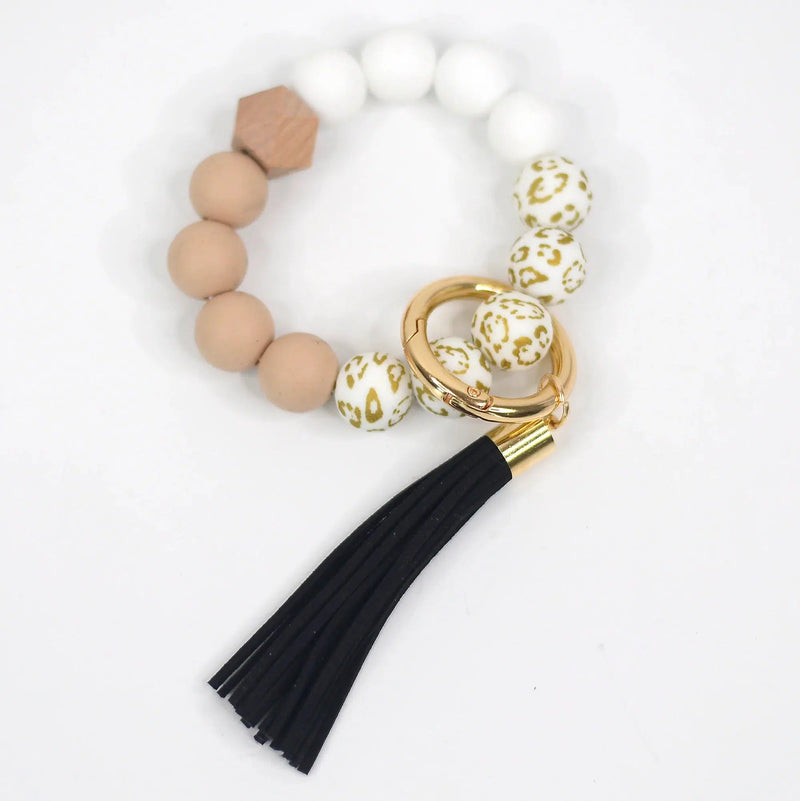 Neutral and Gold Leopard Silicone Beaded Keychain Keyring