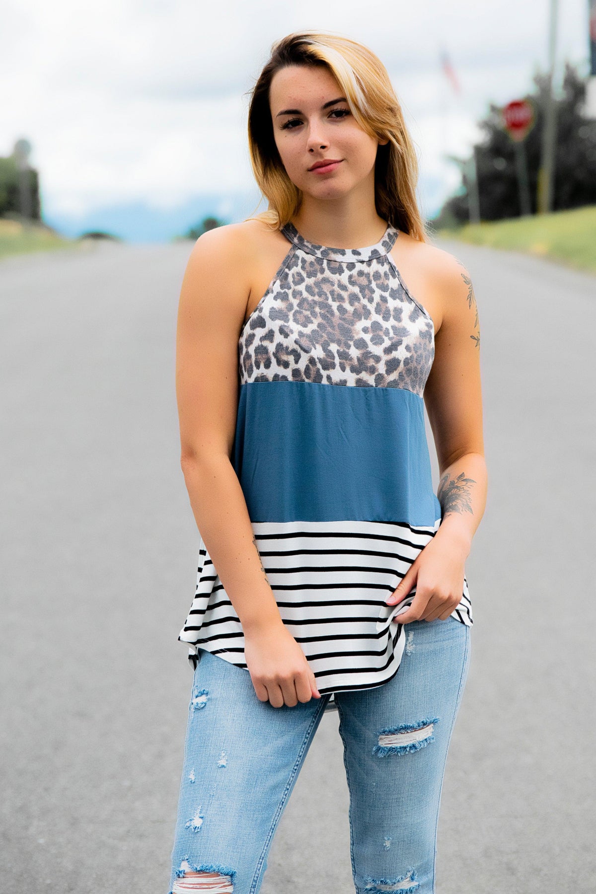 Teal + Animal Print Top - 512 Boutique