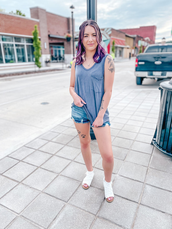 Pocket V Neck Tank- Denim - 512 Boutique