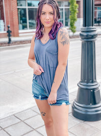 Pocket V Neck Tank- Denim - 512 Boutique
