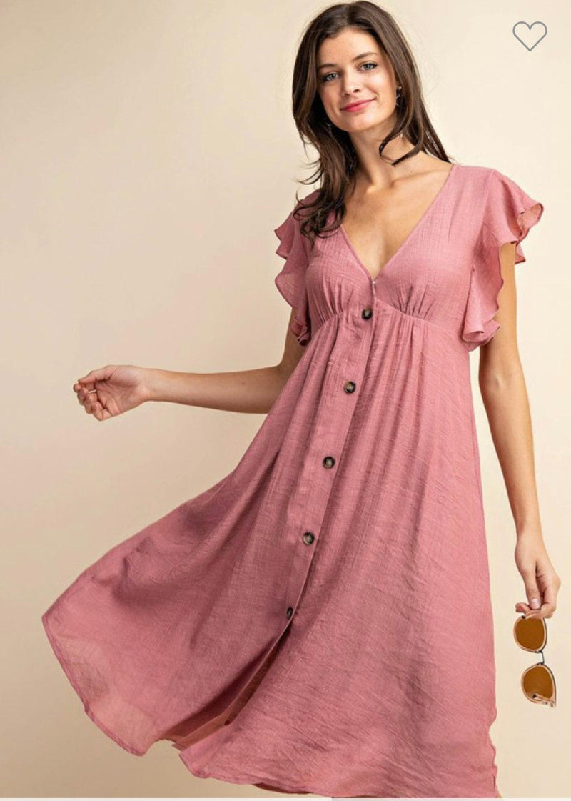 Ruffle Sleeve Button Down Dress- Rose