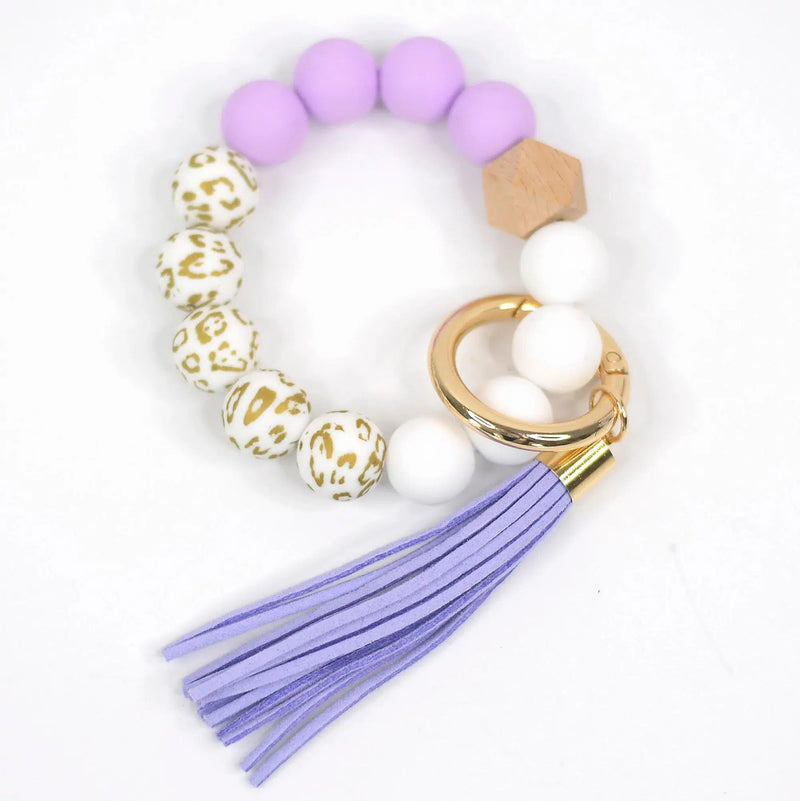 Purple and Gold Leopard Silicone Beaded Keychain Keyring