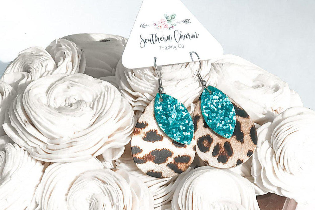 Leopard + Teal Glitter Bitty Layer Earrings - 512 Boutique