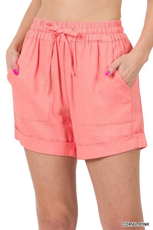 Linen drawstring shorts- Coral Pink