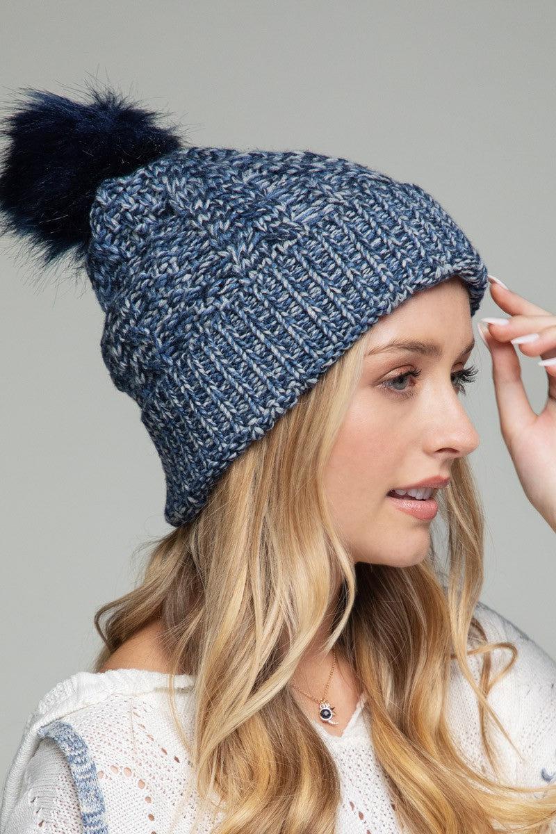 Navy Multicolor Knit Beanie with Pom